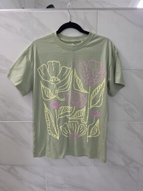 Light Sage Floral Graphic Tee with Yellow & Pink Blooms